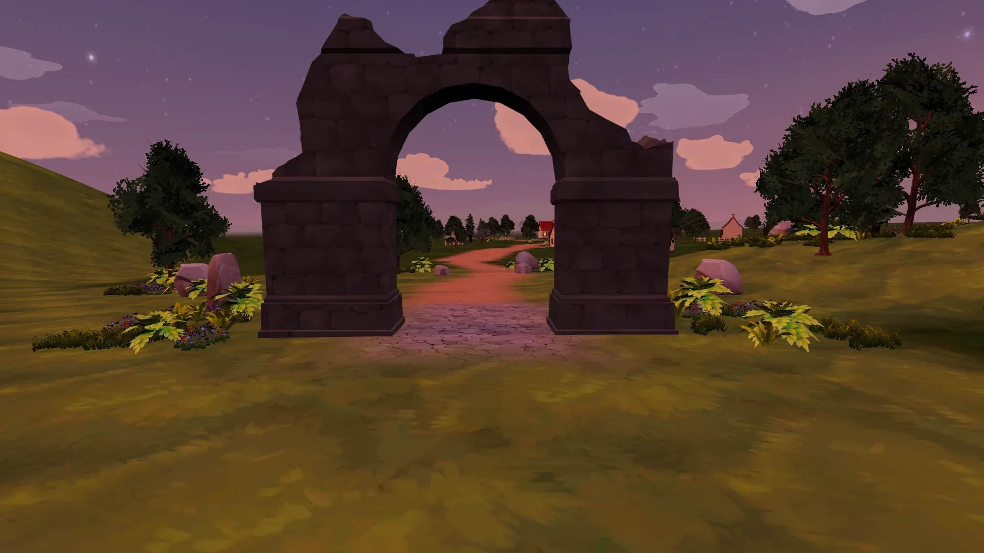 The ruined stone arch of Obanur, looking back along the dirt path toward town across a green meadow.